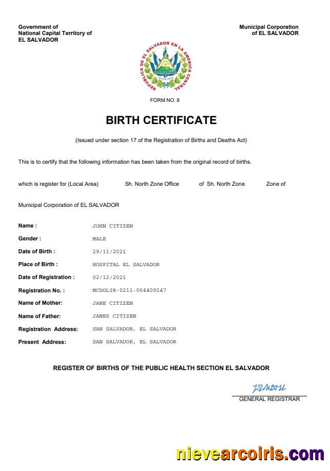 El Salvador vital record birth certificate